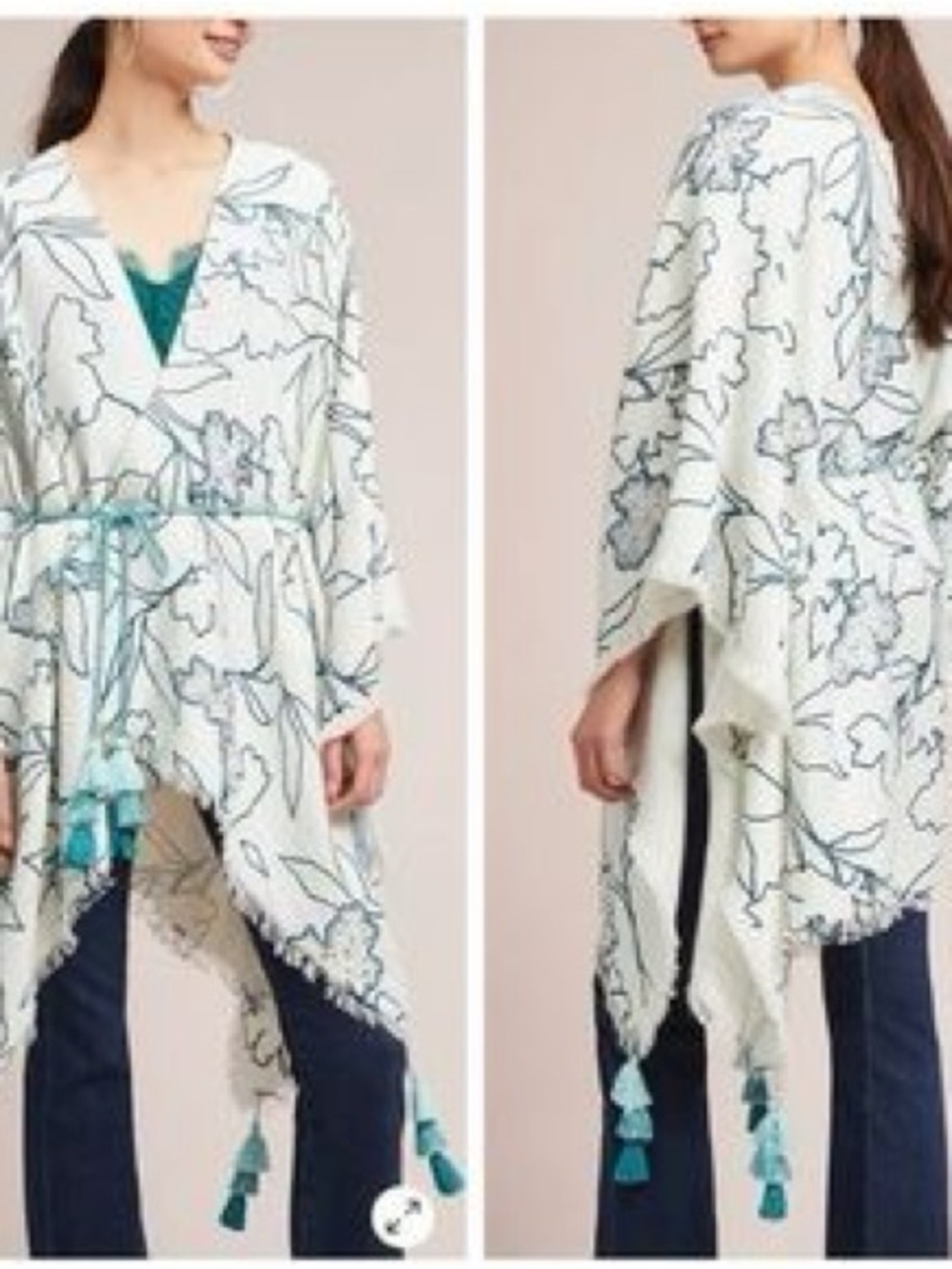 Anthropologie White Floral Tassel Wrap Poncho with Teal Accents